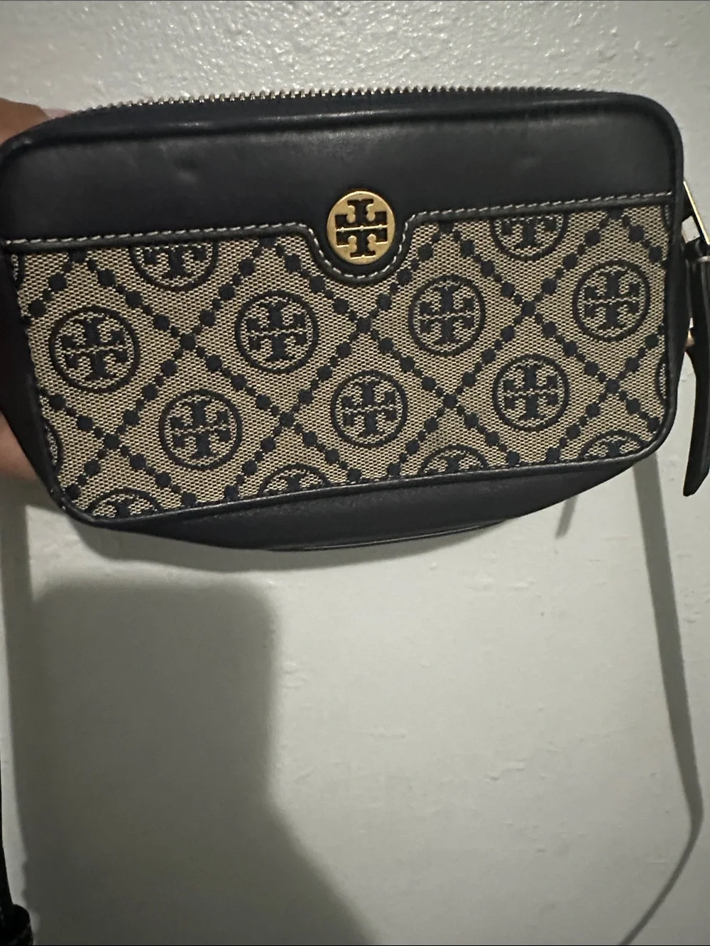 Tory Burch Black and Beige Jacquard Crossbody Camera Bag